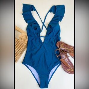 Cupshe Teal Ruffle V-Neck One-Piece Swimsuit